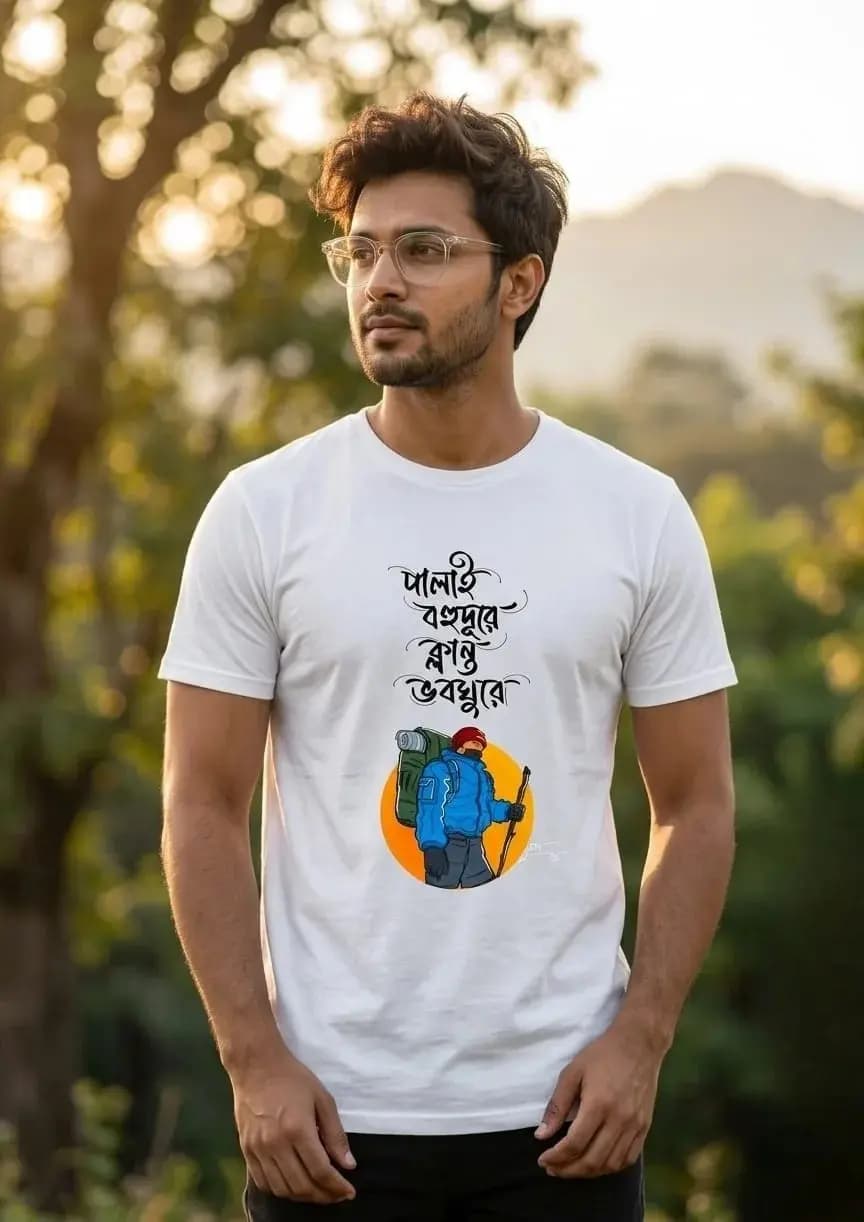 Palai Bohudure Klanto Voboghure Travel Bengali Typography Printed T-shirt — Unisex