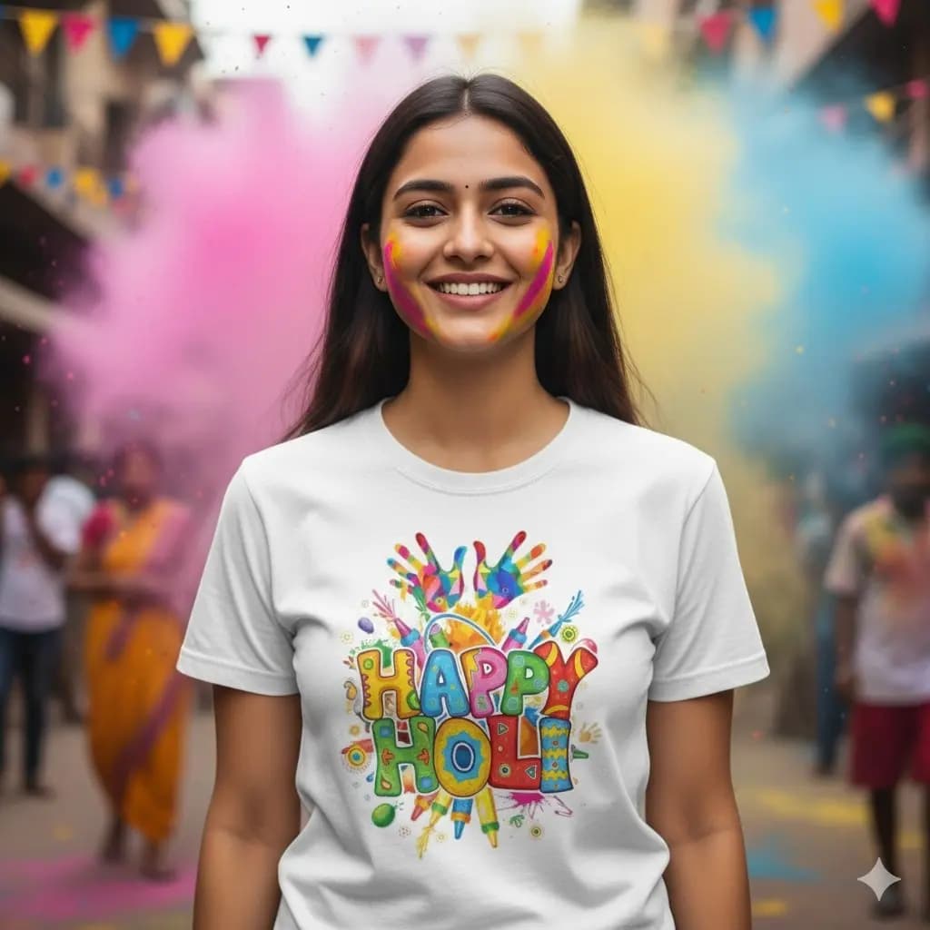 Holi Special Printed Polyester T-Shirt - White