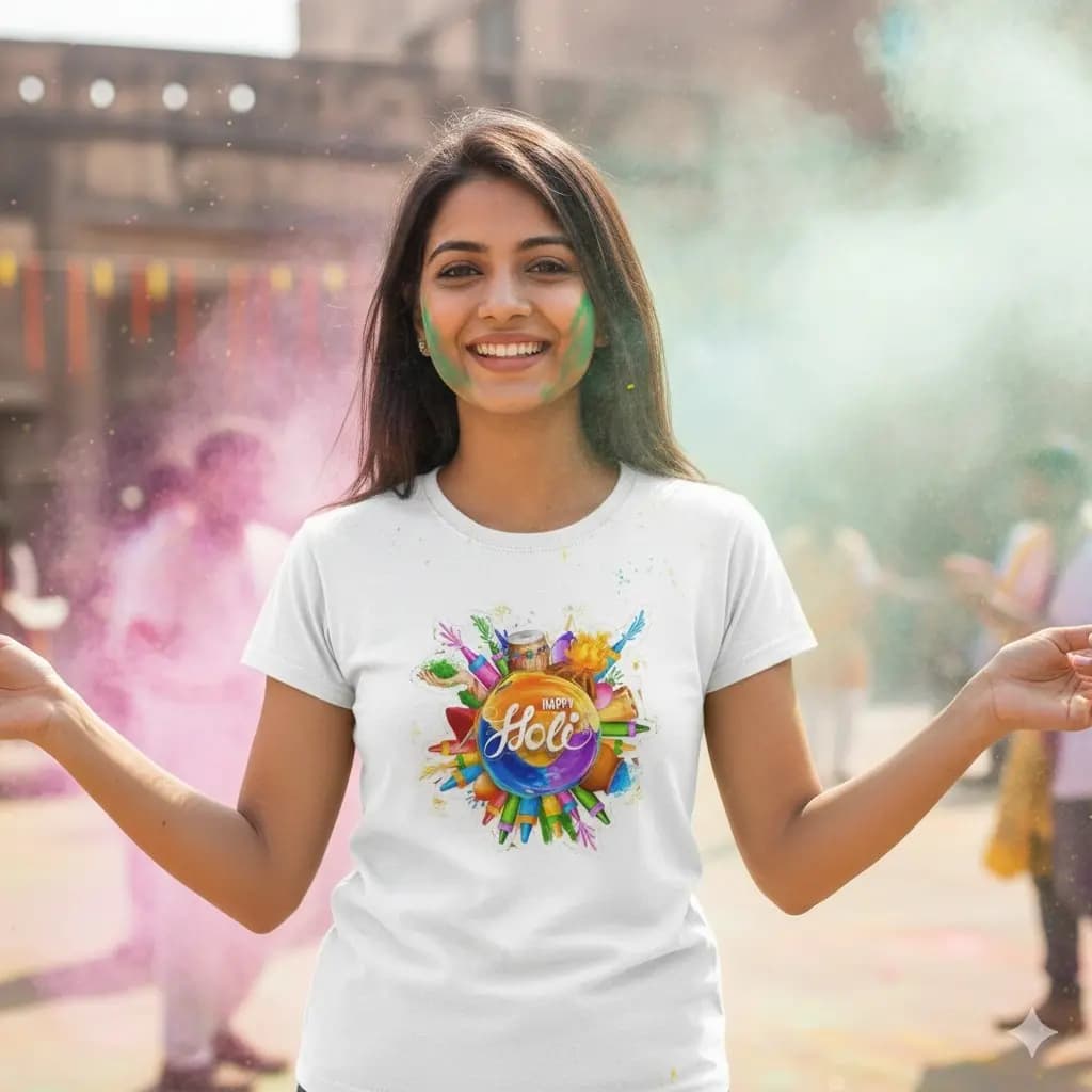 Holi Special Printed Polyester T-Shirt - White
