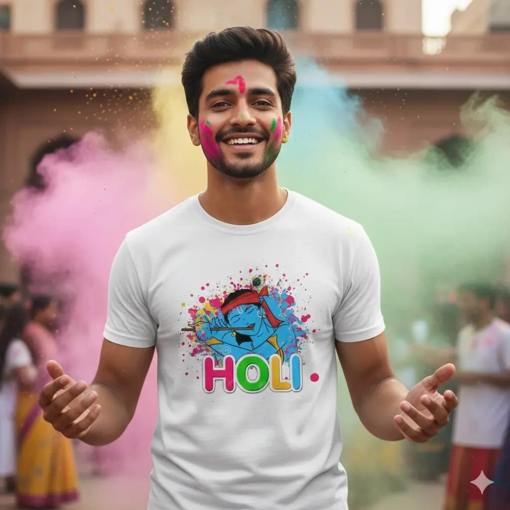 Holi Special Printed Polyester T-Shirt - White
