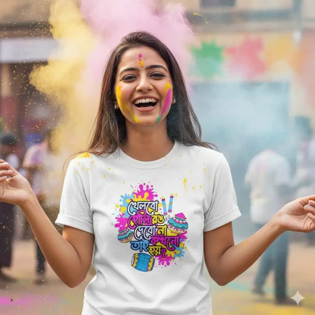 Holi Special Printed Polyester T-Shirt - White