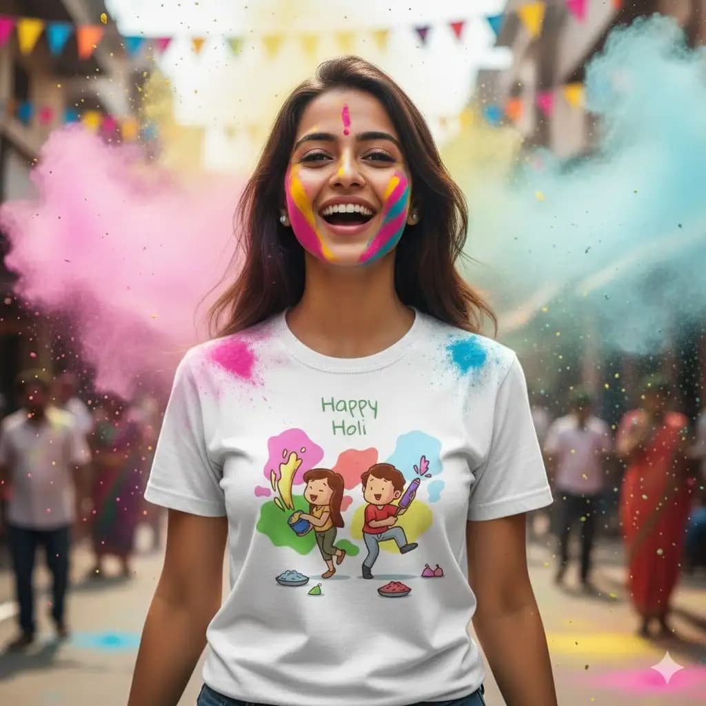 Holi Special Printed Polyester T-Shirt - White