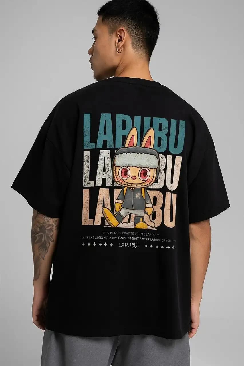Best black printed t shirt | Oversize | Labubu doll - Black