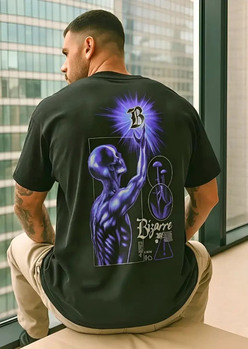 Oversized Black Graphic T-Shirt – “Bizarre” Purple Anatomy Design | Futuristic Streetwear — Unisex