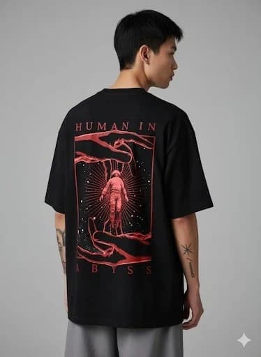 Oversized Black T-Shirt – “Human in Abyss” Red Astronaut Graphic | Dark Streetwear Aesthetic — Unisex
