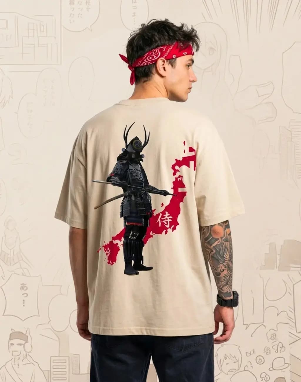 Oversized Beige T-Shirt - "Black Samurai" | — Unisex