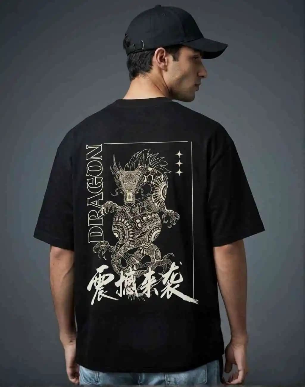 Black Printed Oversize T Shirt | Dragon - Black