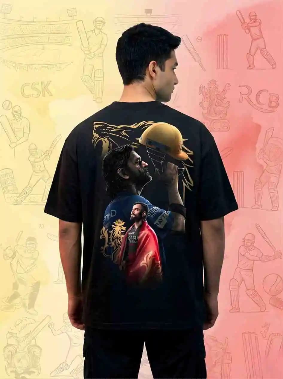 IPL Special Fan Edition Black Oversized T-shirt | Virat Kohli and MS Dhoni — Unisex
