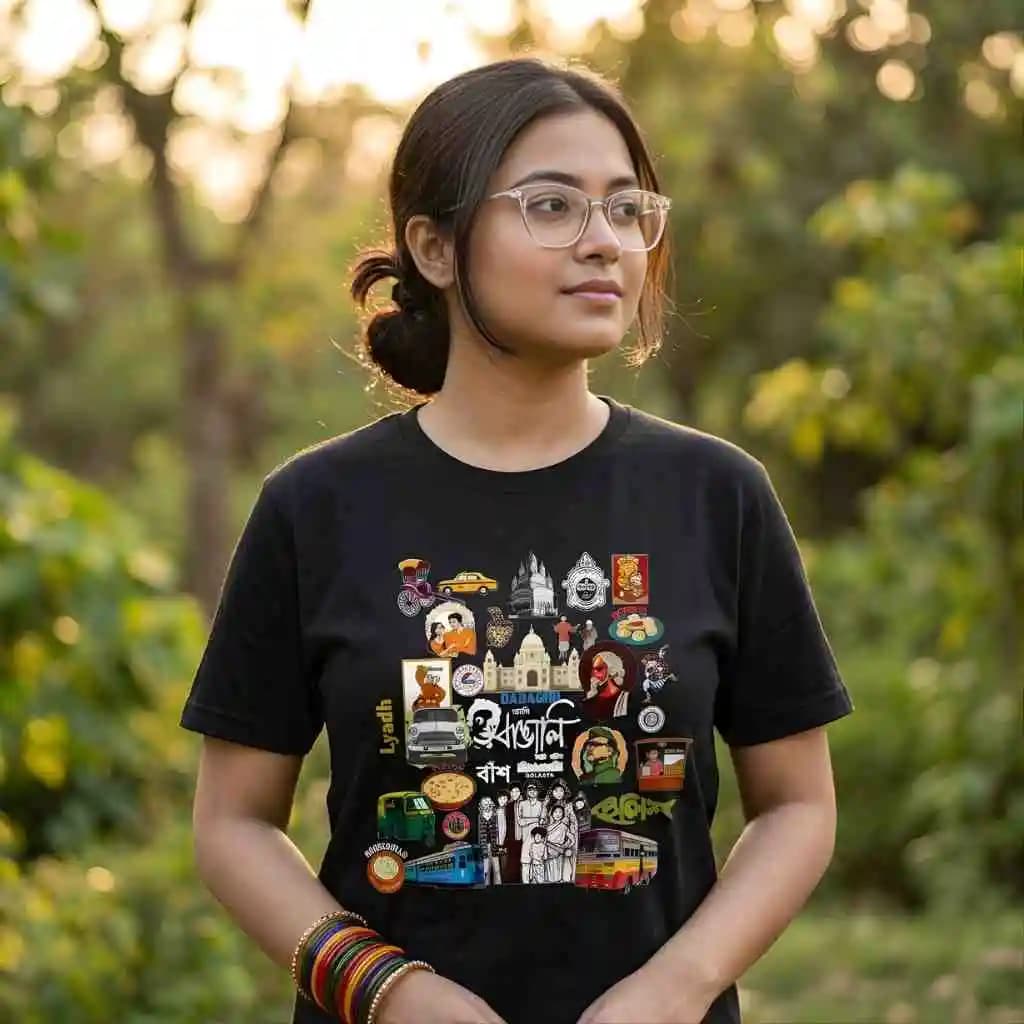 Kolkata Themed Artwork | Bengali Typography Printed T-shirts - Black