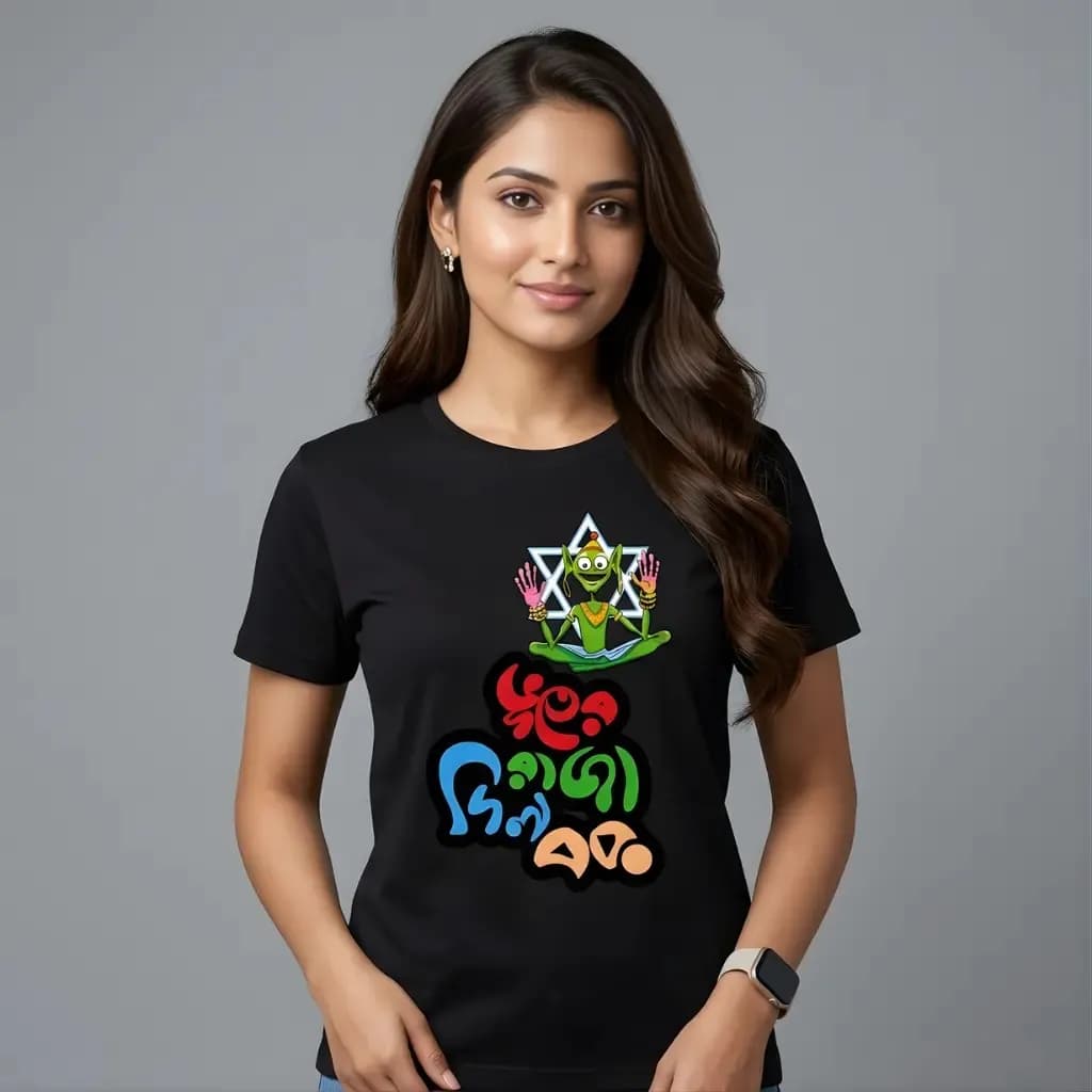 Bhuter Raja Dilo Bor | Bengali Typography Printed T-shirt - Black