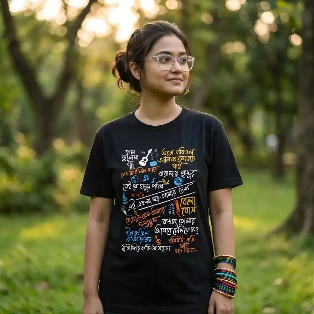 Jibonmukhi Gaan | Bengali Song | Bengali Typography Printed T-shirt - Black