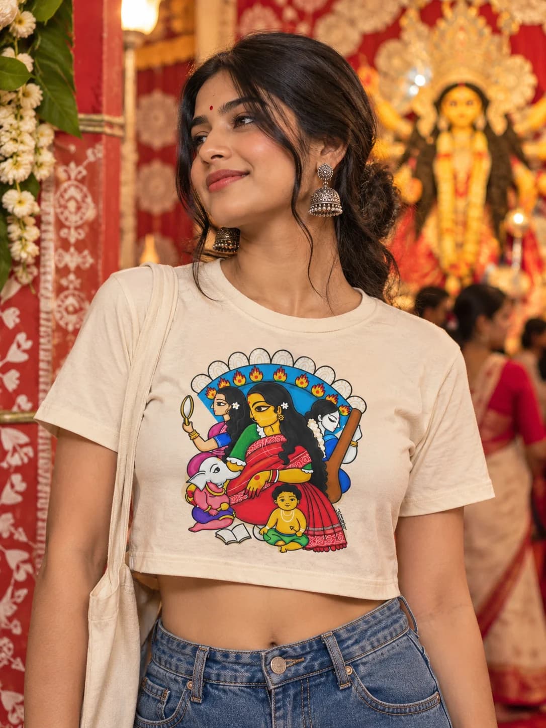Durga Puja Jamini Roy Art Inspired Crop T-Shirt — Unisex