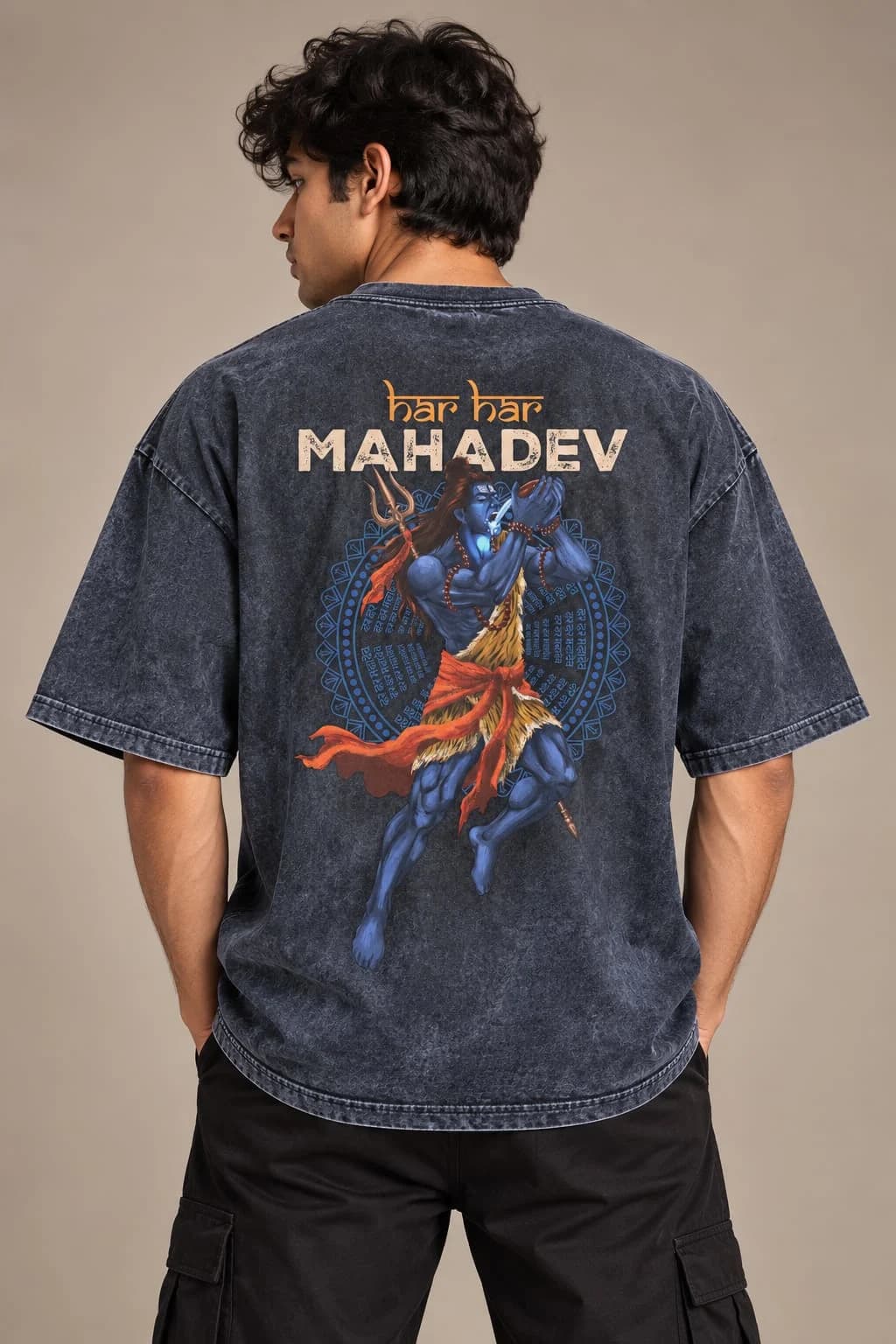 Mahadev Printed Acid Wash Oversized T-shirt — Unisex